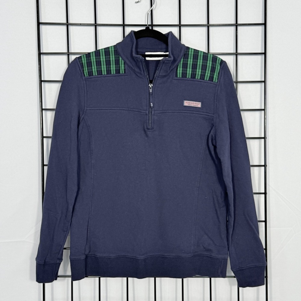 Vineyard Vines 1/4 Zip Shep Shirt Womens Medium Navy Blue Green Plaid Preppy